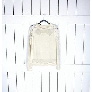 Ivory knit sheer lace slouchy pullover sweater boho lace sweater top